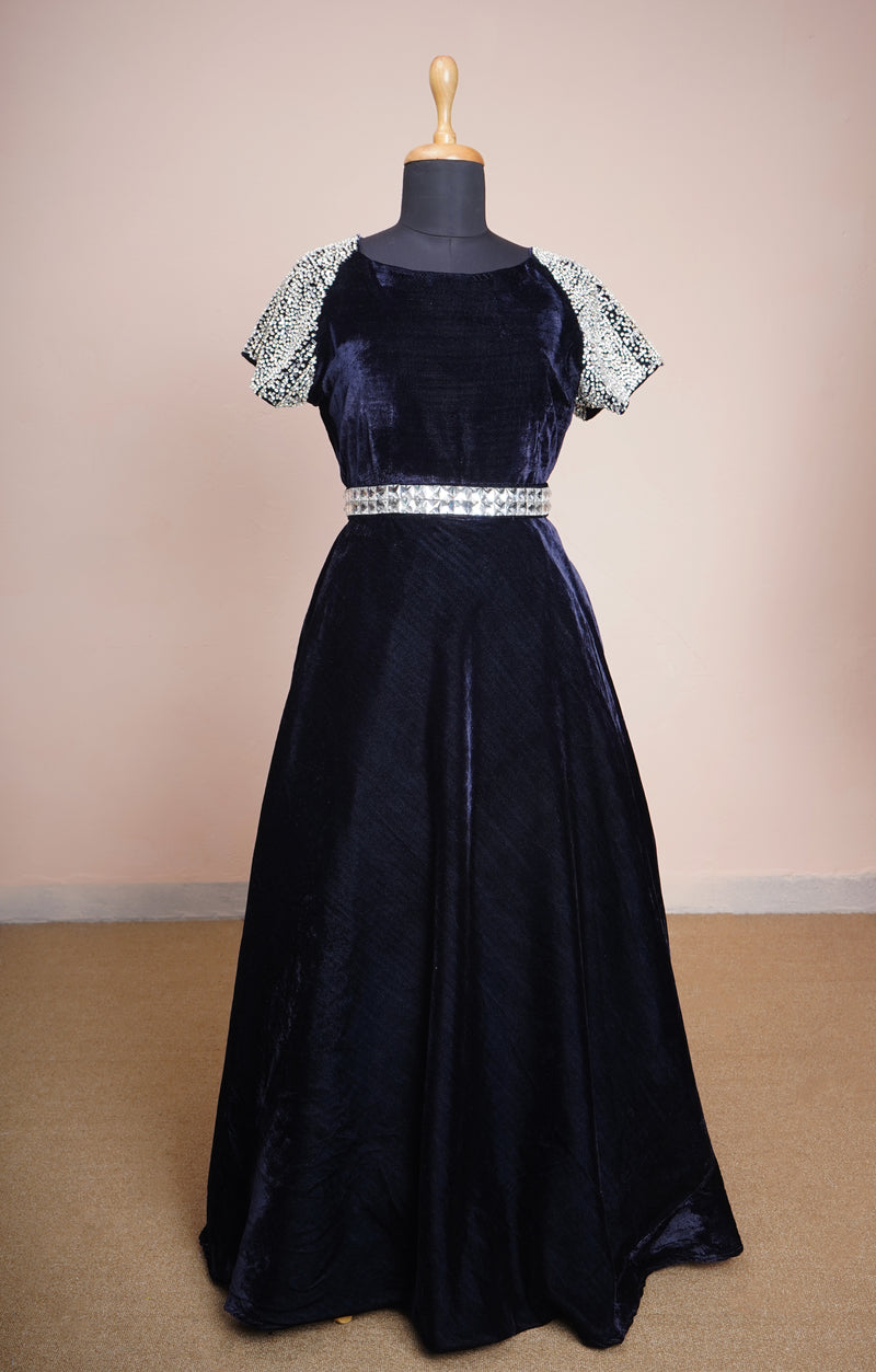 Navy Blue Velvet and Special Embroidery Stone work with White Stone Belt Womens Reception Wear