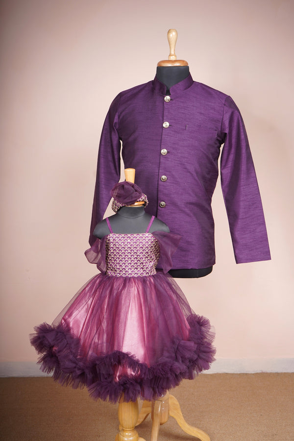 Dark Purple Rawsilk and Embroidered Grand Fabric Dad and Daughter Combo