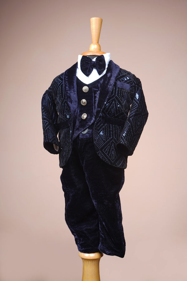 Navy Blue Sequin Embroidered velvet  and Plain Velvet Boy kid Birthday Suit