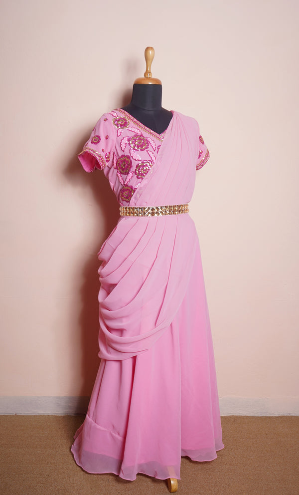 Light Pink Plain Georgette with Speacial Embroidery work and Gold Stone Belt in Womens Reception Dress