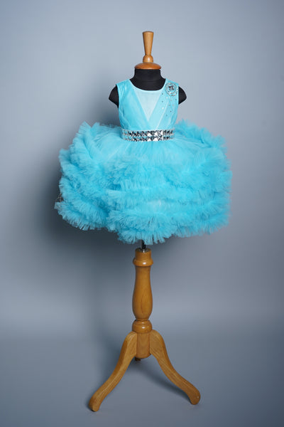 Sky Blue Net with Speacial Stone work in Girl kid Birthday Wear