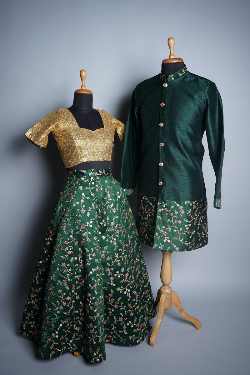 Gold Sequin and Embroidery Fabric and Rawsilk in Couple Clothing
