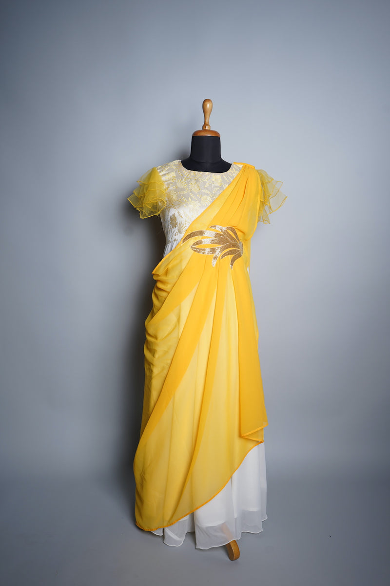 Yellow and Half White Bahubali Brocade and Plain Georgette Womens Wear