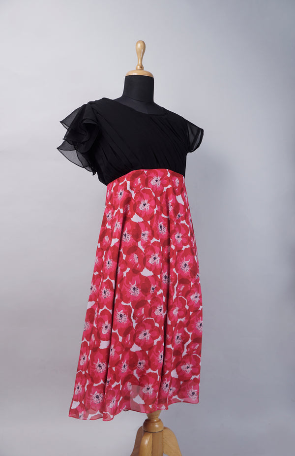 Red Printed with Black with Blue Women Dress