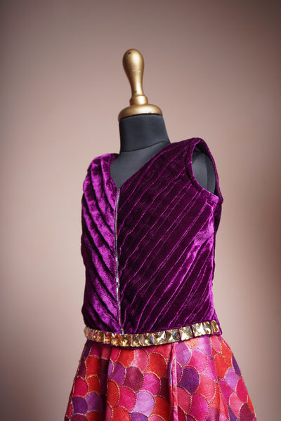 Purple Velvet and Embroidery Grand Fabric with Gold Stone work Girl kid Birthday Dress