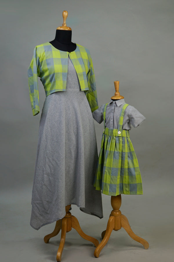 Green Grey checked Mom & Daughter Combo Matching Set