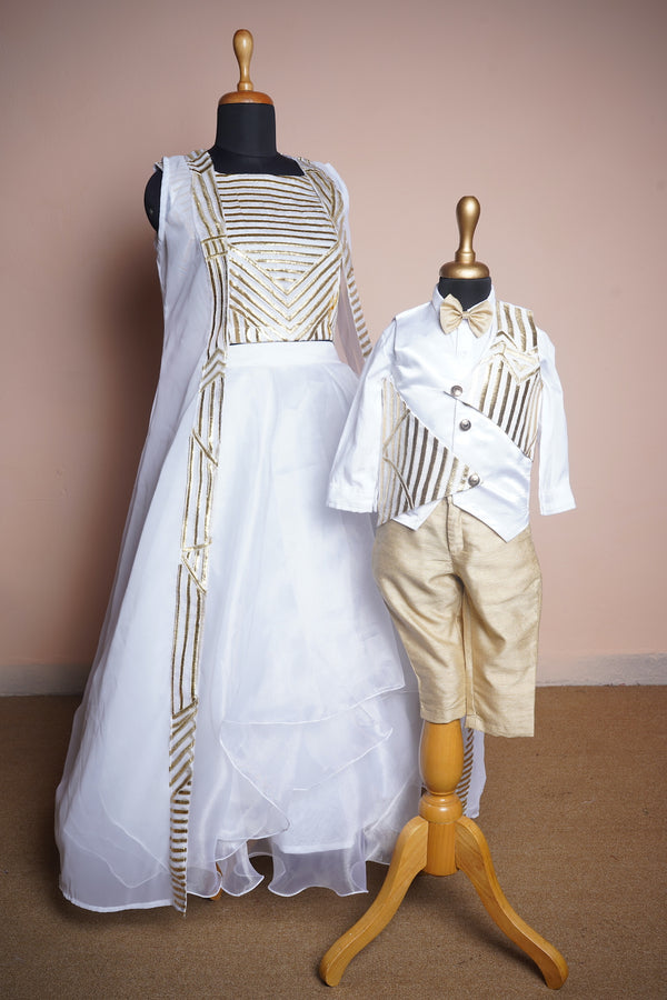 White Satin and Organza and Gold Stripes Kali Fabric with Rawsilk Mom and Son Combo