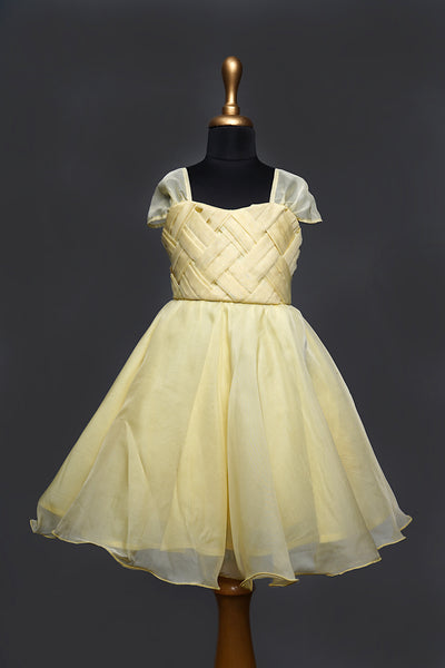 Light Yellow Organza with Matt Rip Work in Yoke Part Girl kid First Birthday Wear