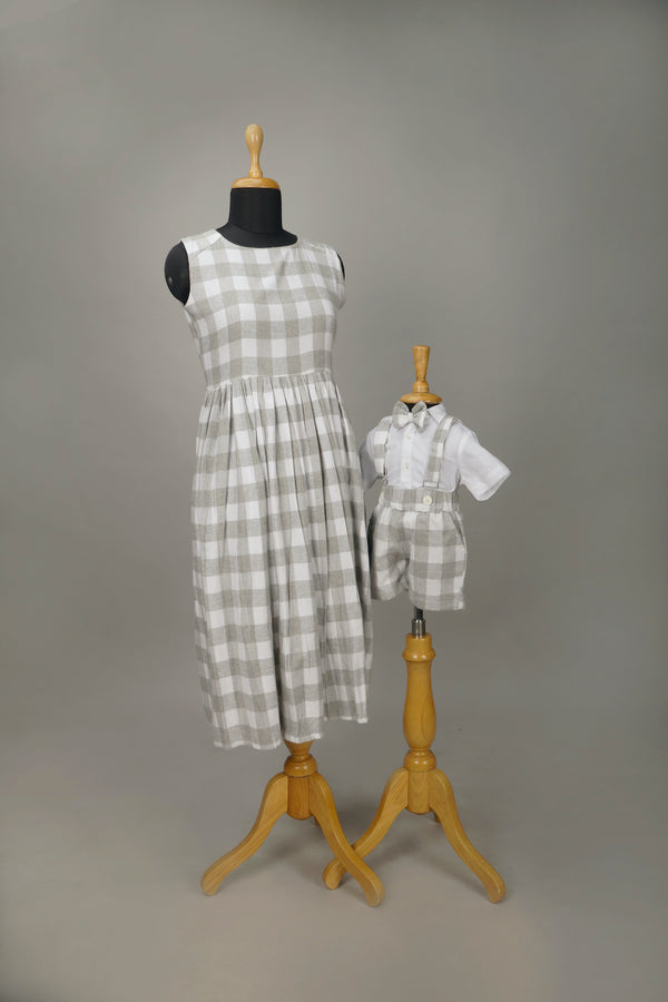 Grey with White Checked Mom & Son Combo Matching Set