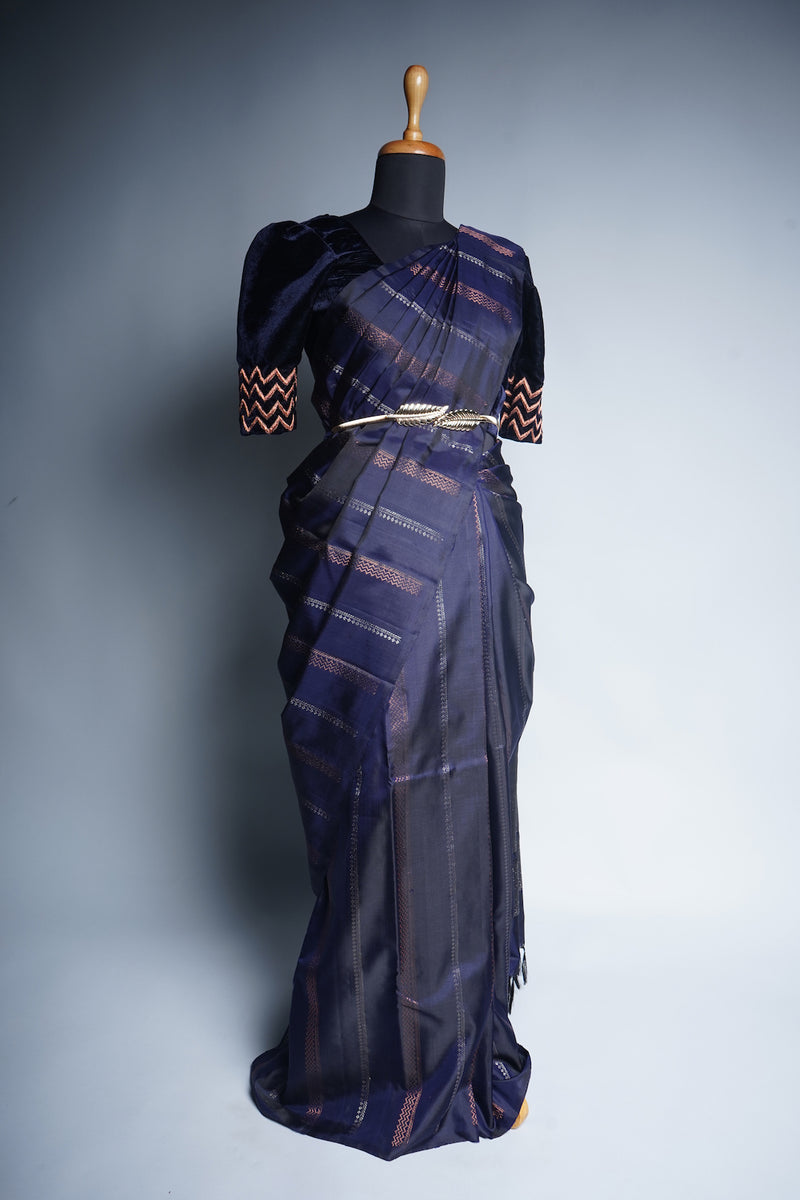 Navy Blue Velvet Blouse and Silk Saree with Special Embroidery work in Womens Reception Wear