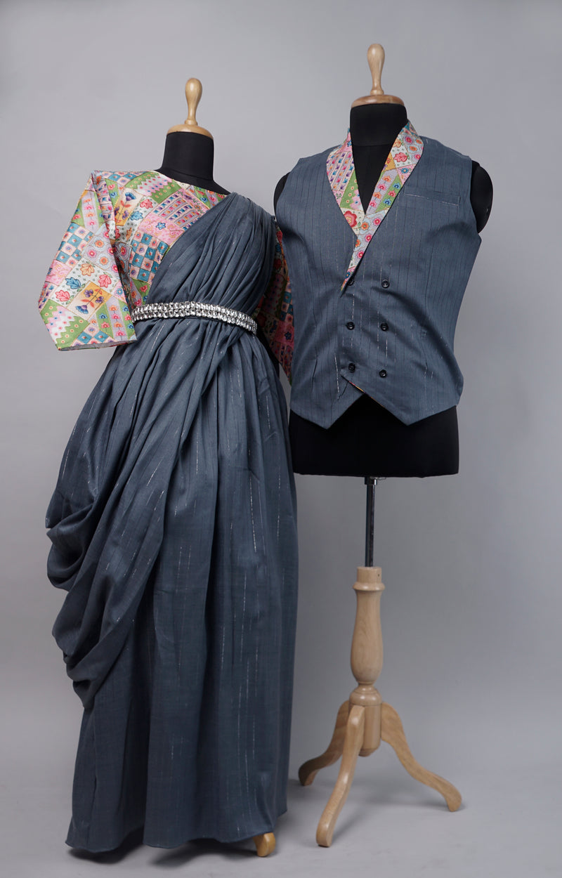 Grey with Multi Colour Position Embroidered Couple Combo Matching Set