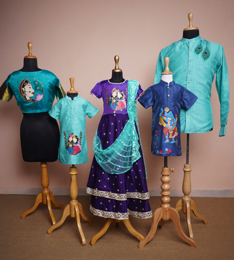 Aqua Green and Dark blue Rawsilk and Silk with Special Hand Painting Family Clothing