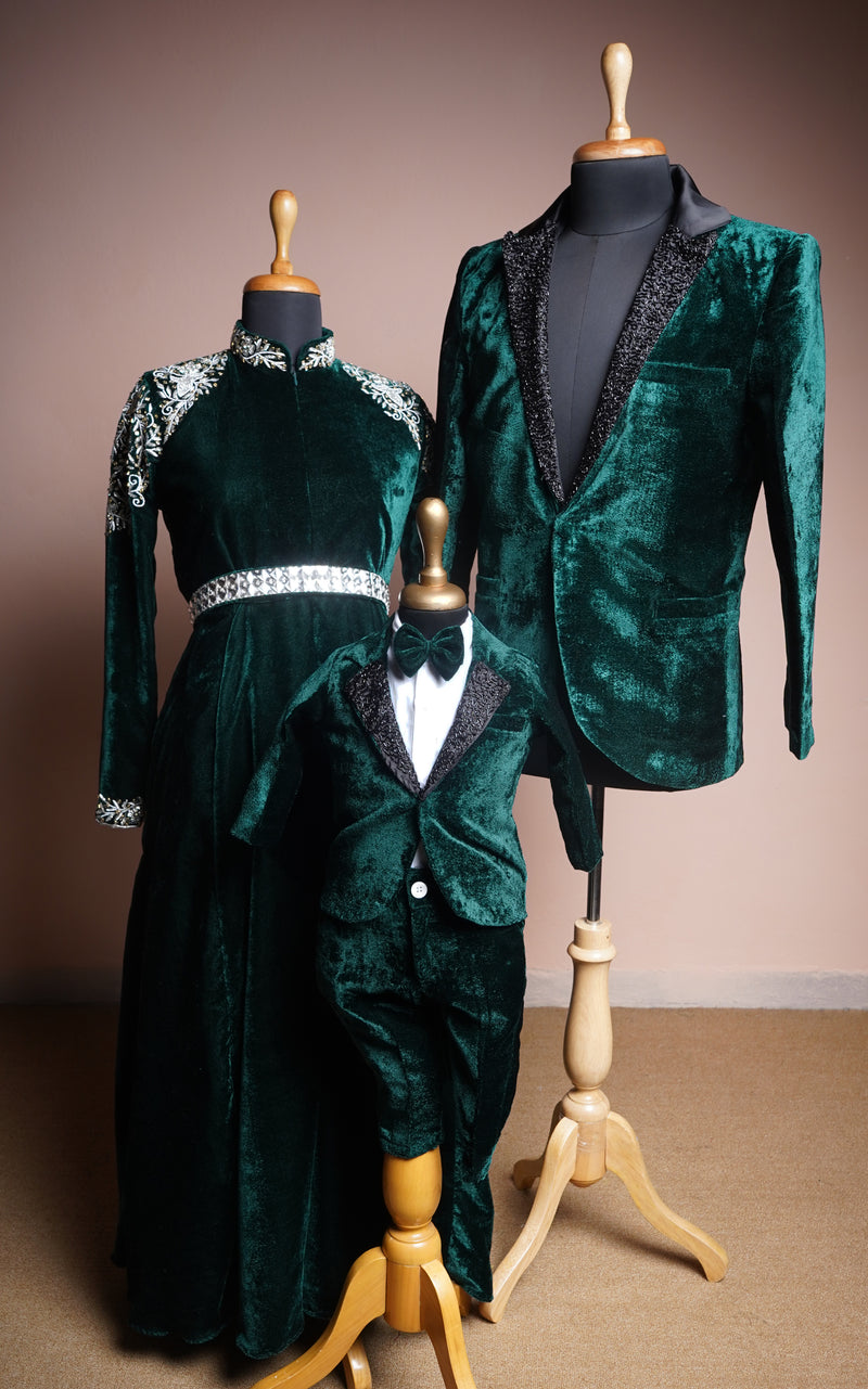 Bottle Green Velvet with Special Embroidery Work and White Stone Belt in Family Clothing