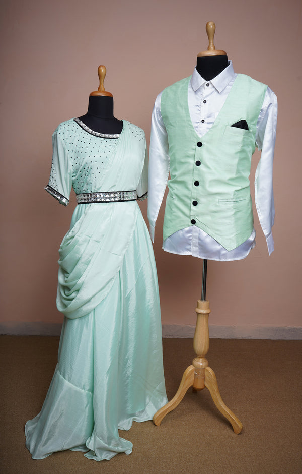 Light Green Rawsilk and Chinon and White Cotton Shirt with Special Stone work in Couple Clothing