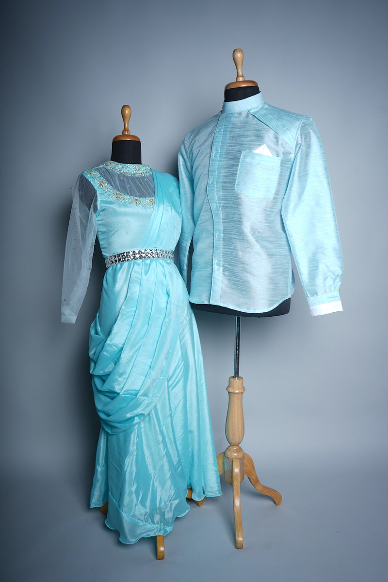 Sky Blue Rawsilk and Chinon and Plain Net with Speacial Embroidery work in Couple Clothing