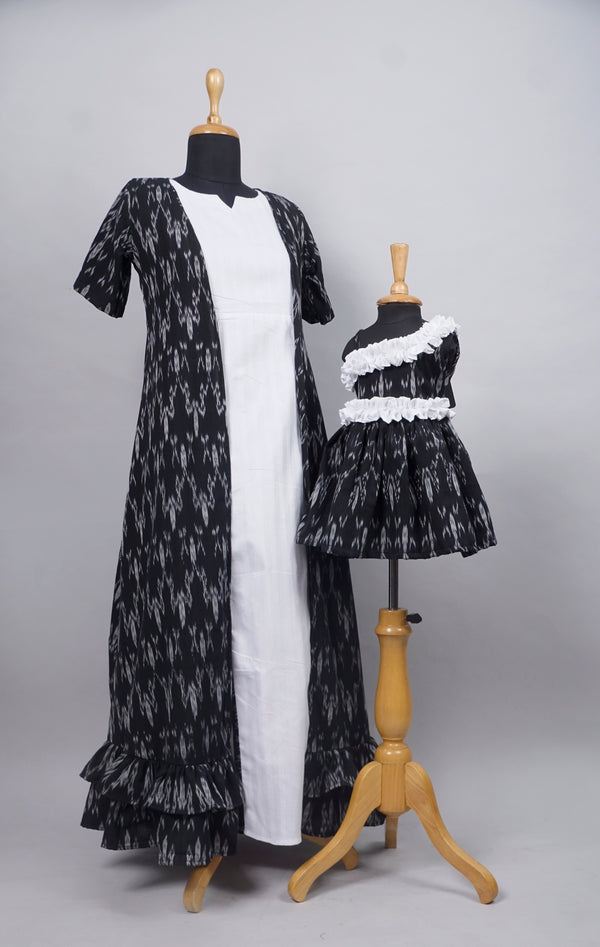 Black with White Ikkat Causal Mom and Daughter Combo Matching Set