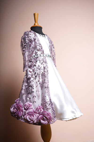 Lilac Fancy Embroidered Net and Half White Satin with Flower work in Girl Kid Birthday Dress