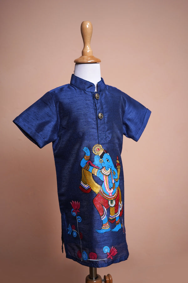 Dark Blue Rawsilk with Special Hand Painting Boy kid Kurtha