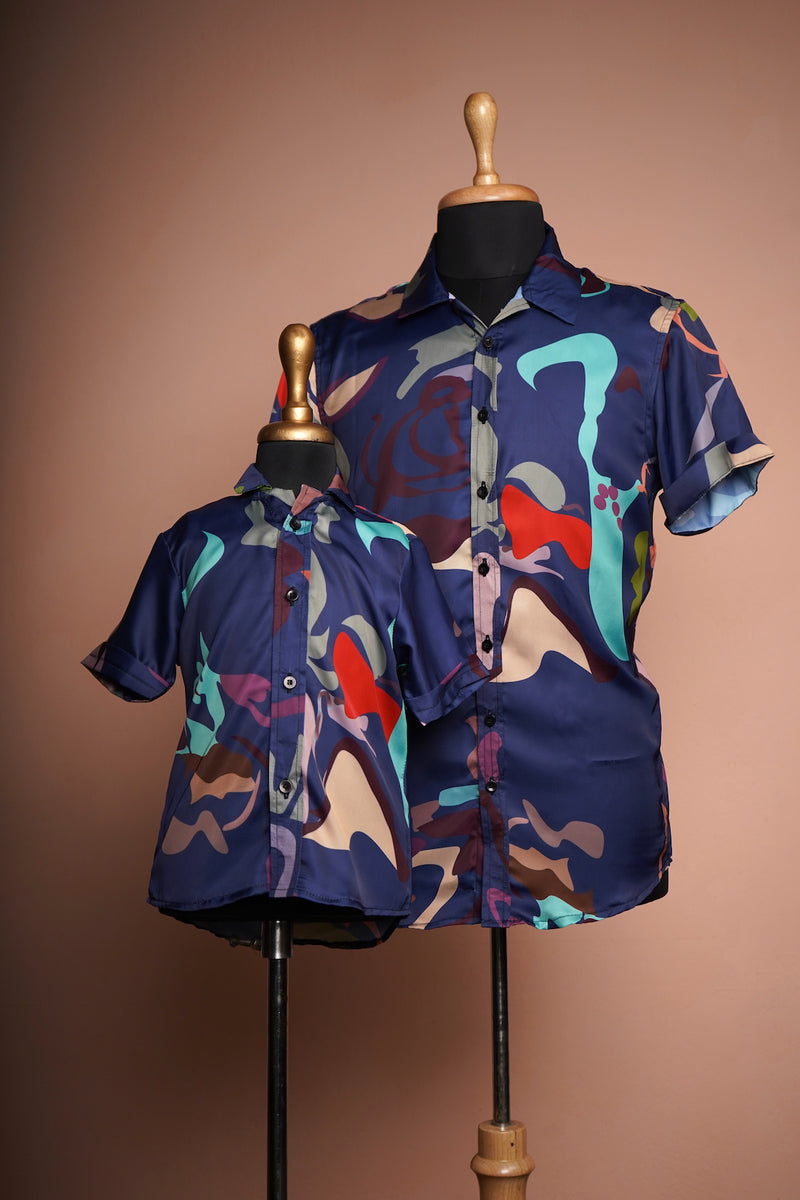 Multi Colour Printed Satin Dad and Son Vacation Wear