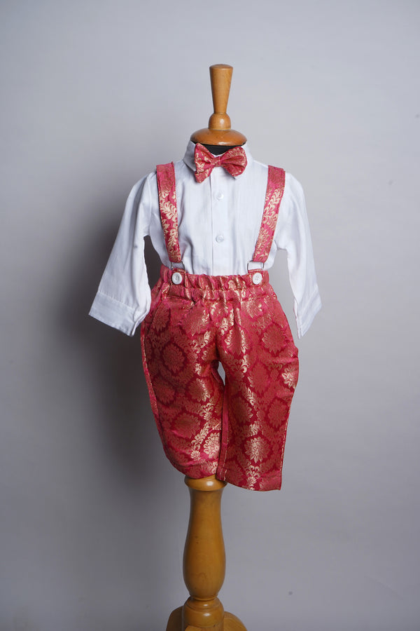 White Cotton and Red Brocade Suspender Boy kid Birthday Suit