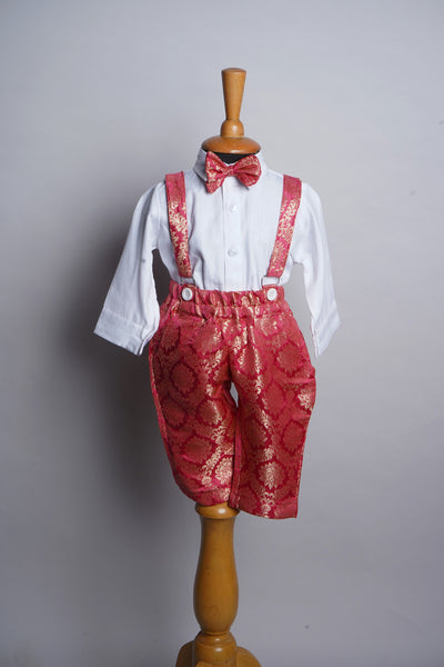 White Cotton and Red Brocade Suspender Boy kid Birthday Suit
