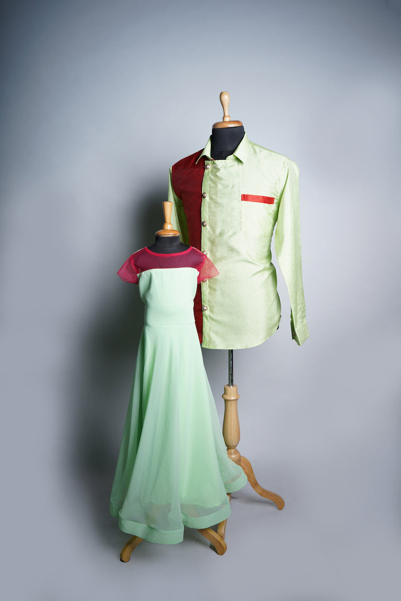 Light Green Rawsilk and Plain Georgette with Highlights in Dad and Daughter Combo
