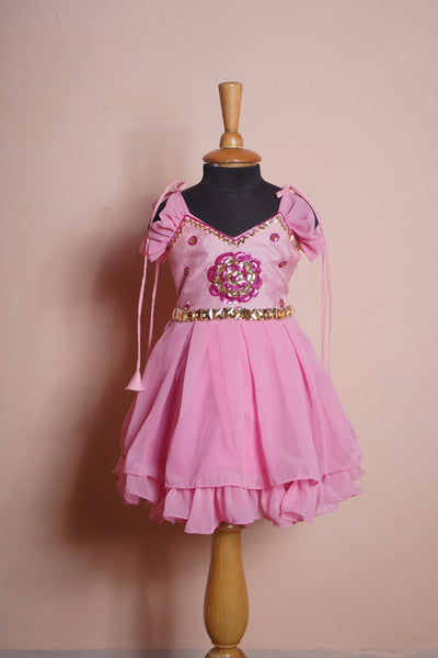 Light Pink Rawsilk and Plain Georgette with Speacial Embroidery work in Girl Kid Birthday Dress