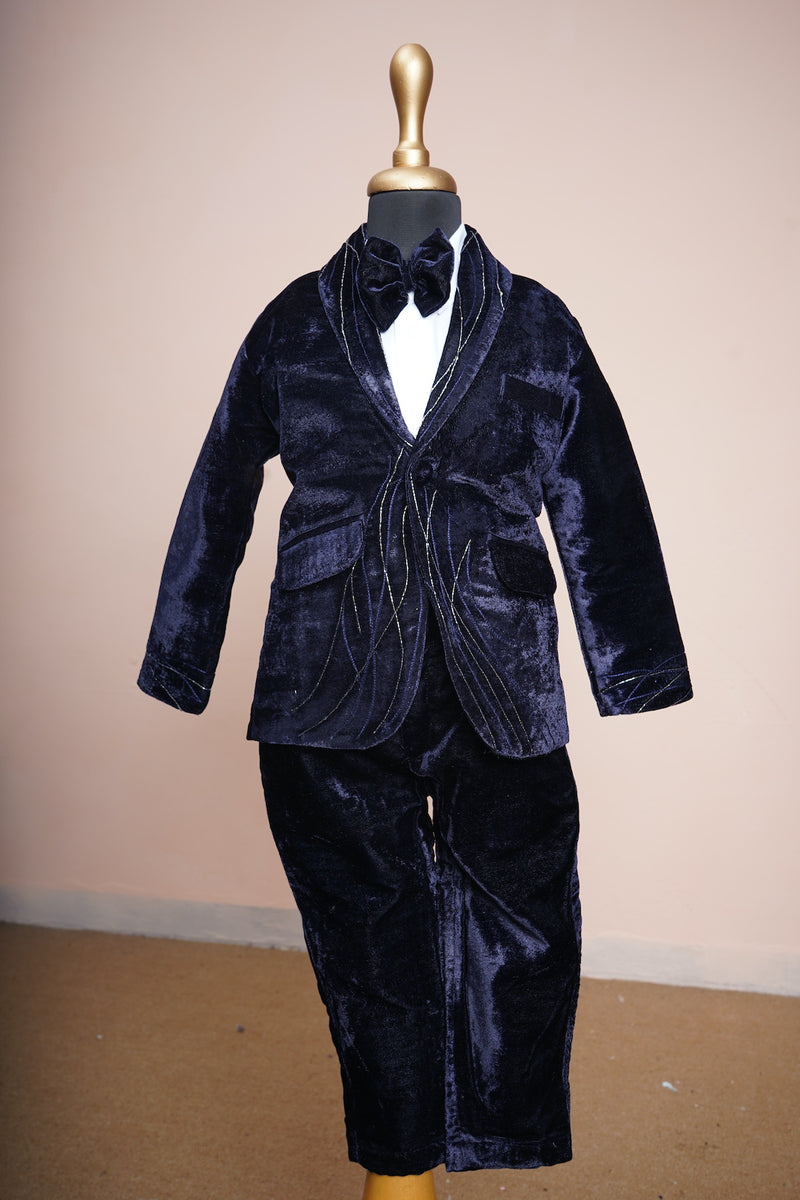 Navy Blue Velvet and White Cotton Shirt with Special Embroidery work in Boy kid Birthday Wear