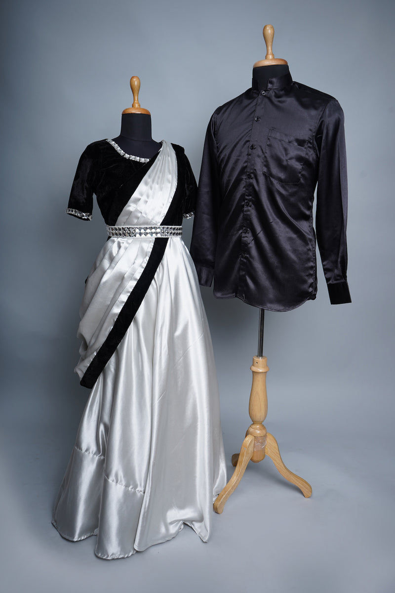 Black and Silver Satin and Black Velvet with White Stone Belt Couple Clothing