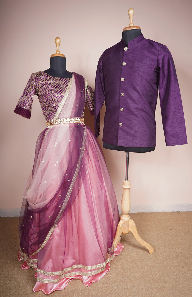 Dark Purple Rawsilk and Embroidered Grand Fabric and plain net with Stone Belt Couple Clothing