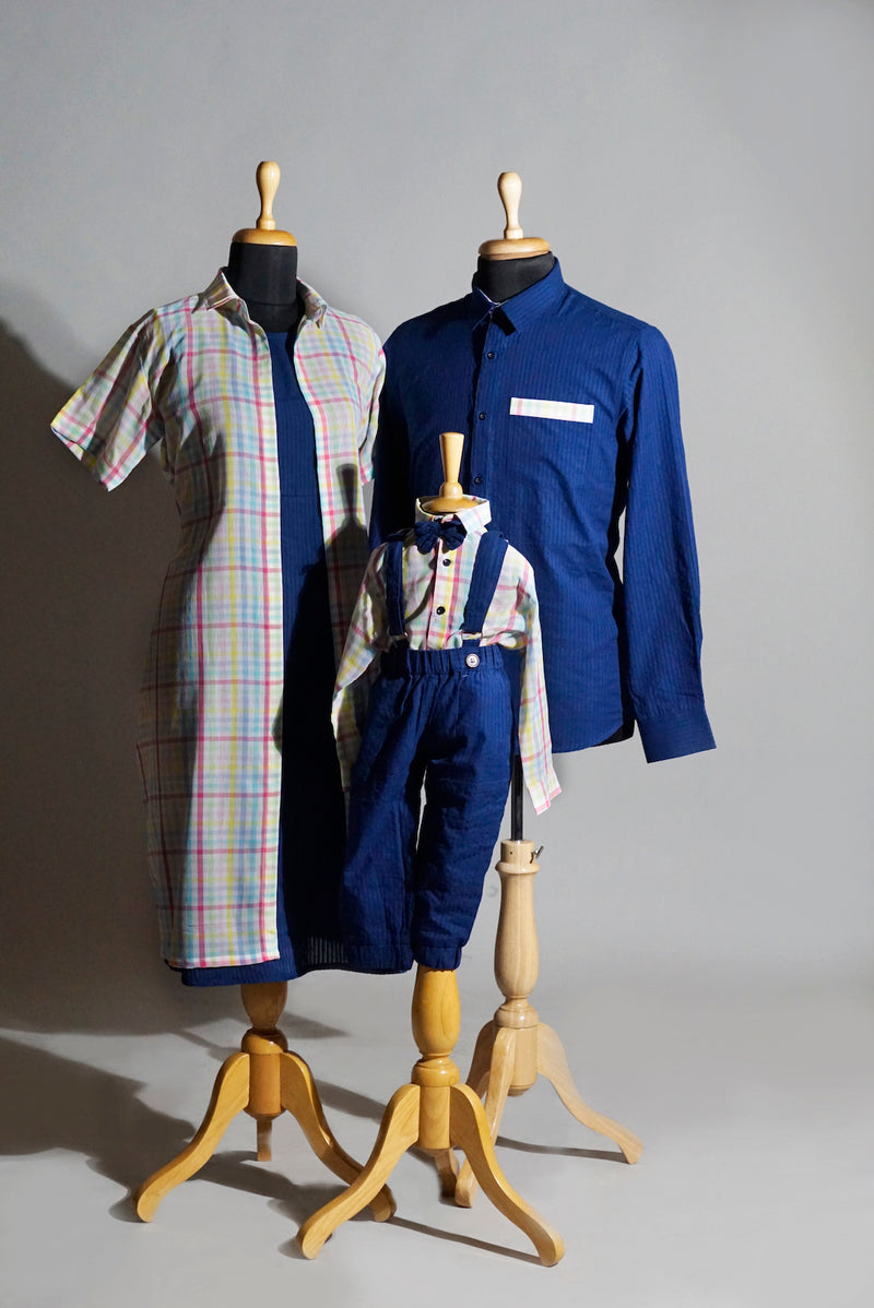 Blue Multi Color Checks Family Combo Matching Set