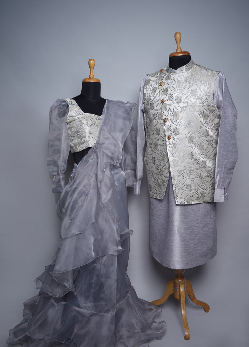 Silver Organza and Brocade and Rawsilk with Metal Stripes Couple Clothing