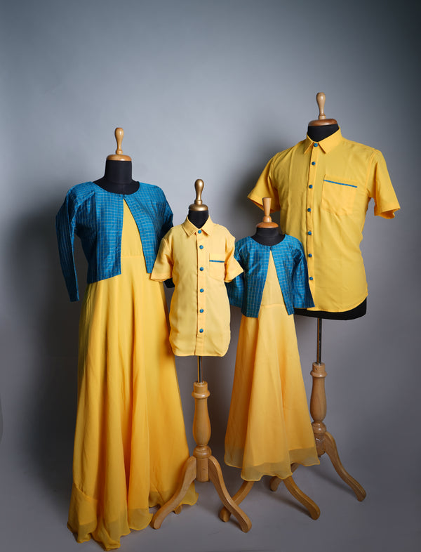 Yellow Georgette and Slub silk Family Clothing