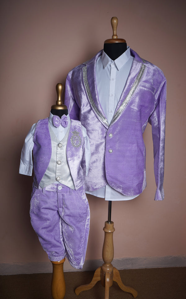 Lavender Velvet with Special Embroidery work and Stone Patch work in Boy Kid First Birthday Dad and Son Combo