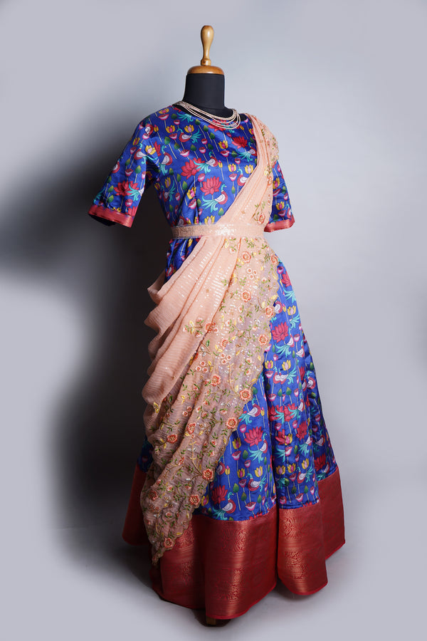 Blue Kalamkari and Embroidred Fancy Fabric in Women Dress