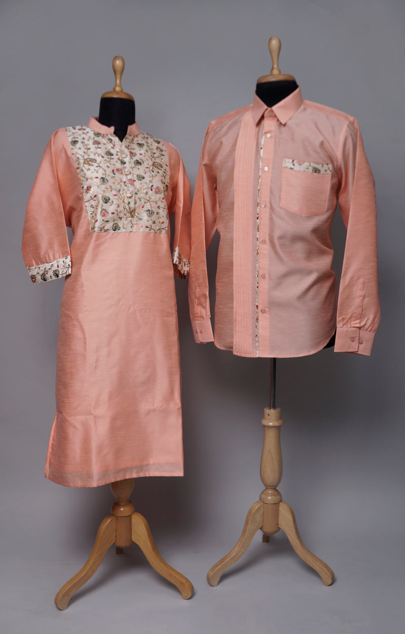 Light Orange with Half White Embroidery Fabric Couple Combo Matching Set