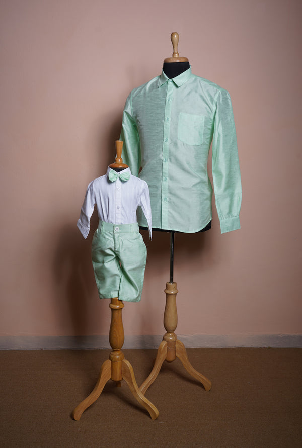 Light Green Rawsilk and White Cotton Shirt Dad and Son Combo