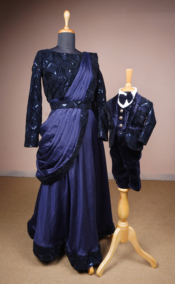Navy Blue Sequin Embroidered velvet and Chinon Mom and Son Clothing