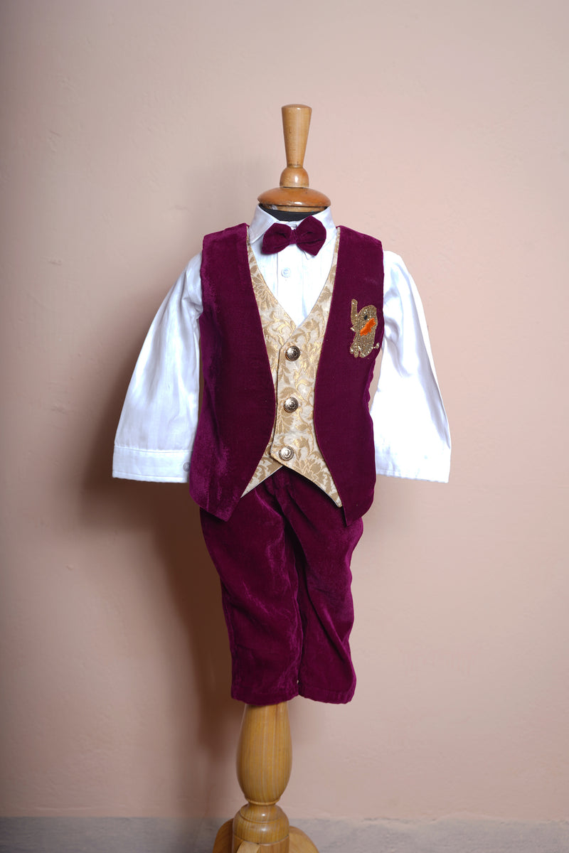 Maroon Velvet and White Cotton with Speacial Lion Embroidery work in Boy kid Birthday Dress