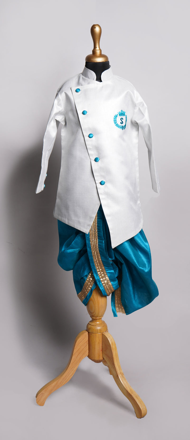 White and Aqua green With Crown Embroidery Boy Kid Suit
