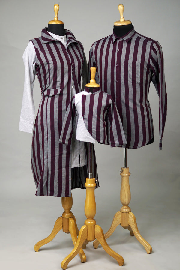 Maroon Grey Stripe Family Combo Matching Set