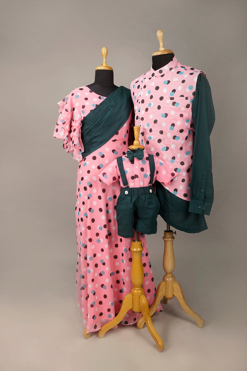 Pink Doted With Green Family Combo Matching Set