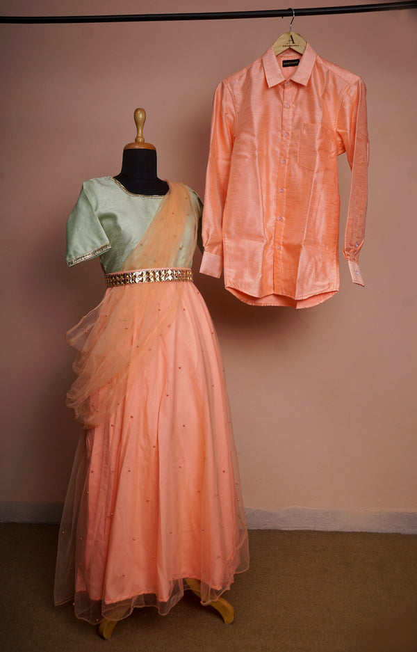 Light Orange and Light Green Rawsilk and Pearl net with Special Gold Stone Belt  Couple Clothing