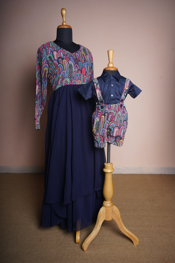 Printed Georgette and Plain Georgette with Carvette Shirt Mom and Son Combo