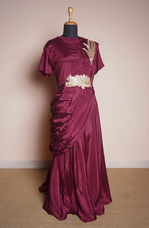 Maroon Chinon Predraped Style with Shoulder Patch and Lace Work in Womens Reception Dress