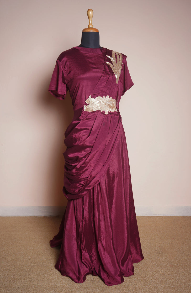 Maroon Chinon Predraped Style with Shoulder Patch and Lace Work in Womens Reception Dress