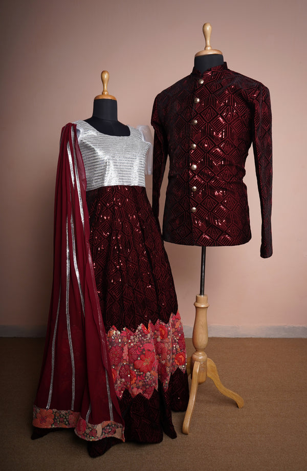 Maroon Sequin Embroiderded Velvet and Embroidered Kali and Plain Georgette with Special Stone work in Couple Clothing
