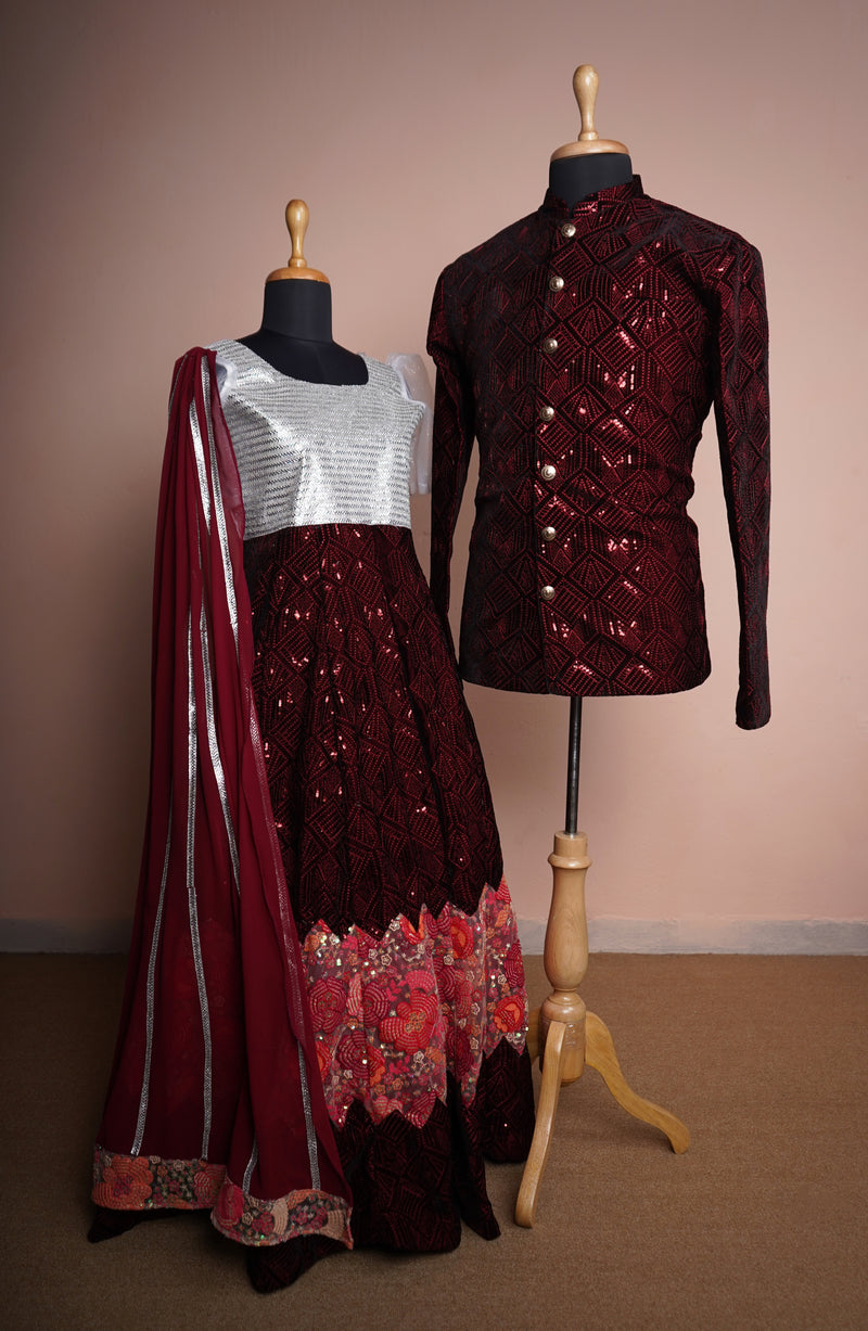 Maroon Sequin Embroiderded Velvet and Embroidered Kali and Plain Georgette with Special Stone work in Couple Clothing