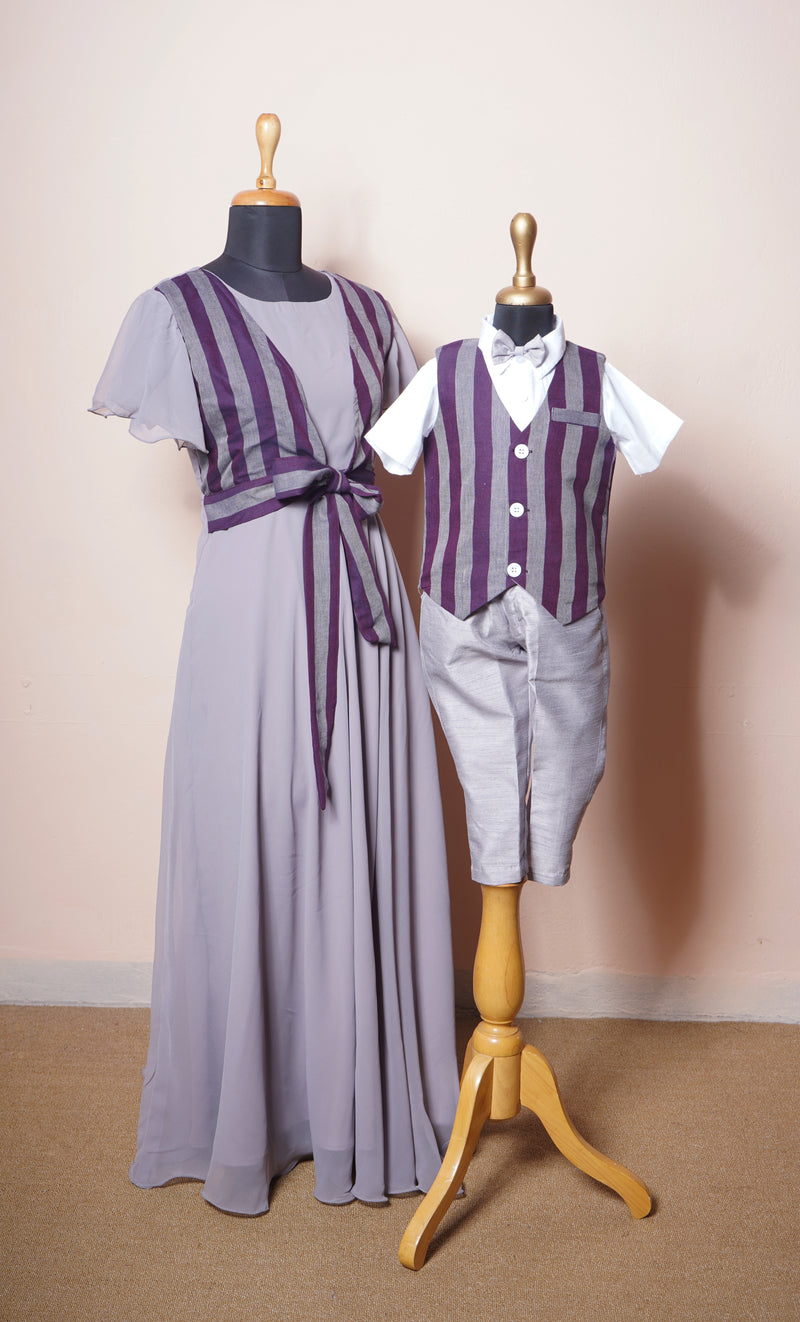 Grey and Purple Stripes Cotton and Plain Georgette Mom and Son Combo