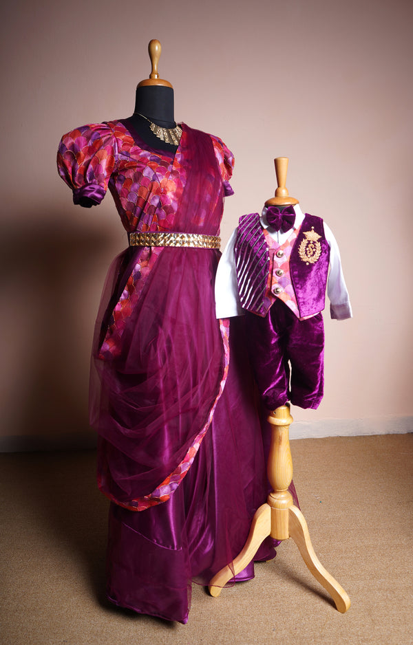 Purple Velvet and Embroidery Grand Fabric with Speacial Emroidery Work in Mom and Son Combo